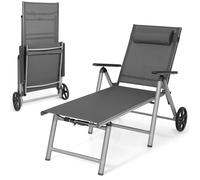 CostwayChaise Longue de Jardin Inclinable Pliable en Aluminium avec Roulettes 7 Dossier Réglable Appuie-Tête Amovible Charge 150KG Noir