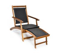 CostwayChaise Longue de Jardin Pliable Chaise à Bascule de Loisir avec Repose-Pieds Télescopiques Cadre en Bois d?Acacia Tissage en Rotin Brun