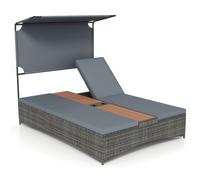 CostwayChaise Longue Double Bain de Soleil 2 Places avec Auvent et Coussins Amovibles Dossier Réglable en 5 Positions 2 Porte-Boissons Gris