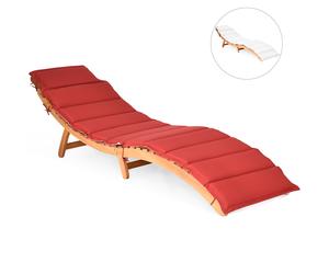 CostwayChaise Longue Pliante d'Extérieur en Bois d'Acacia Coussin Rembourré Double Face Rouge/Blanc Chaise Longue Légère avec Appui-tête Pliable