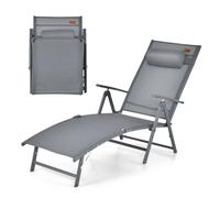 CostwayChaise Longue Pliante Transat Inclinable Portable avec Dossier Réglable sur 7 Positions Bain de Soleil avec Accoudoir Repose-Tête Gris