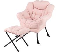 CostwayChaise Paresseuse avec Ottoman Fauteuil de Loisirs Rembourré Sherpa Moderne avec Repose-pied Pliable Coussin de Tête Rose