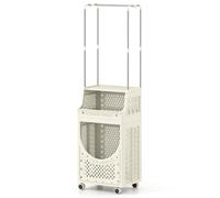 CostwayChariot à Linge 3 Niveaux avec Barre de Suspension Panier Utilitaire Pliable avec Roues Verrouillables Panier 8 Crochets Beige