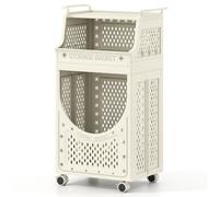 CostwayChariot à Linge 3 Niveaux Panier à Linge Pliable avec Roues Verrouillables Panier 6 Crochets Suspendus Chariot Utilitaire Roulant Beige