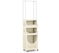 CostwayChariot à Linge 4 Niveaux avec Barre de Suspension Panier à Linge Pliable avec Roues Verrouillables 2 Paniers 8 Crochets Chariot Beige