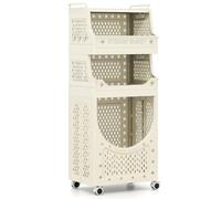 CostwayChariot à Linge 4 Niveaux Panier à Linge Pliable avec Roues Verrouillables 2 Paniers 6 Crochets Suspendus Chariot Utilitaire Roulant Beige