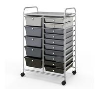 CostwayChariot avec Tiroirs avec 2 Freins à Pieds Chariot de Rangement avec 15 Tiroirs en Plastique 63 x 37 x 87 CM Gris + Noir