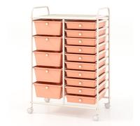 CostwayChariot avec Tiroirs avec 2 Freins à Pieds Chariot de Rangement avec 15 Tiroirs en Plastique 63 x 37 x 87 CM Blanc + Rose