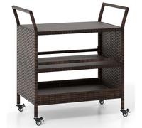 CostwayChariot de Bar Extérieur en Rotin à 3 Riveaux pour Patio avec Roues Universelles Verrouillables et Poignées Latérales 86 x 50 x 89 cm