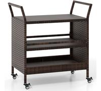 CostwayChariot de Bar Extérieur en Rotin à 3 Riveaux pour Patio avec Roues Universelles Verrouillables et Poignées Latérales 86 x 50 x 89 cm