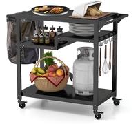 CostwayChariot de Barbecue d'Extérieur à 3 Étagères Desserte de Jardin avec 4 Roues Verrouillables Crochets et Poignée Latérale Table de Four à Pizza Noir