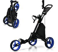 CostwayChariot de Golf à 3 Roues Caddie de Golf Pliable Manuel Porte-Sac Porte-Parapluie Cadre Robuste en Aluminium Pliable Poignée Réglable Bleu