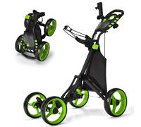 CostwayChariot de Golf à Pousser ou à Tirer Chariot de Golf Pliable Léger à 4 Roues Chariot de Golf Avec Sac Imperméable et Frein à Pied Vert