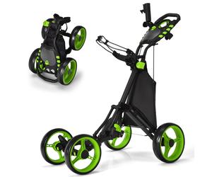 CostwayChariot de Golf à Pousser ou à Tirer Chariot de Golf Pliable Léger à 4 Roues Chariot de Golf Avec Sac Imperméable et Frein à Pied Vert