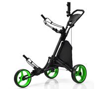 CostwayChariot de Golf Pliable à 3 Roues Sangle Elastique Porte-parasol Réglable et Porte-gobelet Sac Recouvert d'Aluminium Vert