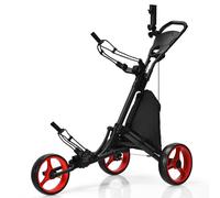 CostwayChariot de Golf Pliable à 3 Roues Sangle Elastique Porte-parasol Réglable et Porte-gobelet Sac Recouvert d'Aluminium Rouge