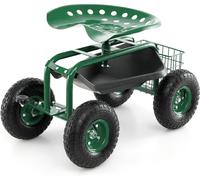 CostwayChariot de Jardin avec Poignée Extensible Panier de Rangement et 2 Plateaux à Outils Scooter Roulant de Jardin à 4 Roues en Caoutchouc Vert