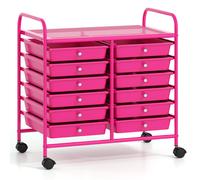 CostwayChariot de Rangement à roulettes 12 Tiroirs en PP Tour de Rangement avec Tablette Roues Universelles Cadre en Métal Rose Bonbon