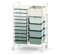 CostwayChariot de Rangement à Roulettes 14 Tiroirs Chariot de Service Mobile avec Plateau&Planche Perforée Desserte Roulante 63x37x87cm Vert