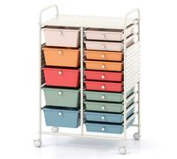 CostwayChariot de Rangement à Roulettes 15 Tiroirs Chariot de Service Mobile Plateau&Planche Perforée Desserte Roulante 63x37x87cm Coloré