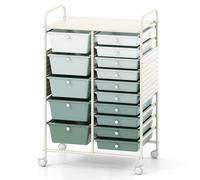 CostwayChariot de Rangement à Roulettes 15 Tiroirs Chariot de Service Mobile Plateau&Planche Perforée Desserte Roulante 63x37x87cm Vert