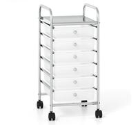 CostwayChariot de Rangement avec 6 Tiroirs Amovibles à Butée Desserte à Roulettes avec Freins avec Cadre en Métal et Plateau Blanc