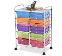 CostwayChariot de rangement roulant, 15 tiroirs amovibles desserte pour bureau classeur à roulettes 63x37x87cm Multicolore
