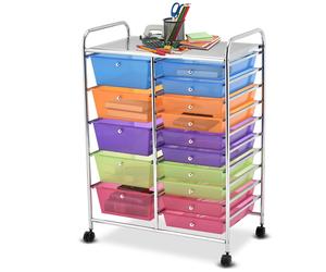 CostwayChariot de rangement roulant, 15 tiroirs amovibles desserte pour bureau classeur à roulettes 63x37x87cm Multicolore