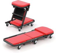 CostwayChariot de Visite Pliable Tabouret d'Atelier Convertible avec Siège Rembourré 6 roulettes Planche de Travail Mécanicien Charge 160 kg Rouge