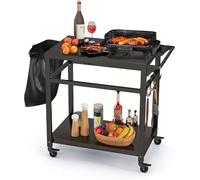 CostwayChariot pour Plancha / Barbecue à 2 Etagères Desserte de Jardin sur Roulettes avec 4 Crochets 108 x 50,5 x 88 CM Noir