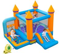 CostwayChâteau Gonflable 5 en 1 avec Ventilateur Toboggan Maison de Saut Gonflable avec Piscine à Balles Panier de Basketball 50 Balles Océaniques Charge 90kg