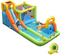 CostwayChâteau Gonflable avec Soufflerie de 680w Toboggan Aquatique Mur d'Escalade Panier de Basket Jeu de Lancer Anneaux Parc Aquatique