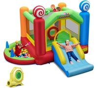CostwayChâteau Gonflable avec Souffleur 680W Toboggan 50 Balles Océanique Fosse à Balles Panier de Basket Décorations de Sucette