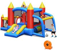 CostwayChâteau Gonflable pour Enfants avec Souffleur 450W Toboggan 60 Boules Colorées,Jeux de Fléchettes But de Football Sac