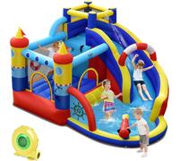 CostwayChâteau Gonflable Style Bateau avec Toboggan Incurvé Zone de Saut Mur d'Escalade avec Gonfleur 450 W