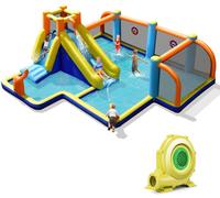 CostwayChâteau Gonflable Toboggan Combiné Humide et Sec avec Piscine à Éclaboussures Mur d'Escalade (avec Gonfleur)