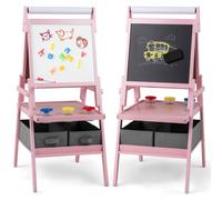 CostwayChevalet 3-en-1 Chevalet Debout Double Face avec Tableau Noir et Tableau Blanc Rouleau de Papier pour 3-6 Ans Rose