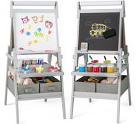 CostwayChevalet 3-en-1 Chevalet Debout Double Face avec Tableau Noir et Tableau Blanc Rouleau de Papier pour 3-6 Ans Gris