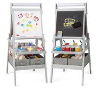 CostwayChevalet 3-en-1 Chevalet Debout Double Face avec Tableau Noir et Tableau Blanc Rouleau de Papier pour 3-6 Ans Gris
