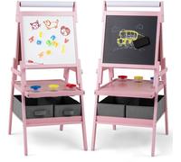 CostwayChevalet 3-en-1 Chevalet Debout Double Face avec Tableau Noir et Tableau Blanc Rouleau de Papier pour 3-6 Ans Rose