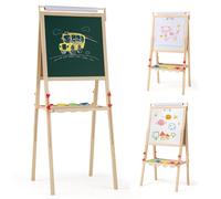 CostwayChevalet 3-en-1 Réglable Double Face avec Tableau Noir et Tableau Blanc Rouleau de Papier 4 Pots de Peinture pour 3-6 Ans Naturel