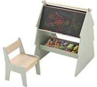 CostwayChevalet d'Art pour Enfants avec Tabouret Ensemble 2 en 1 Tabouret et Tableau Noir Double Face avec Support Vert