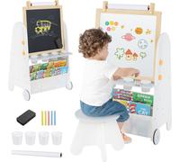 COSTWAY Tableau Enfants 10 Accessoires avec 2 Faces : Blanc Magnétique et Noir - Tabouret Inclus,Rouleau de Papier Inclus Papier 3M