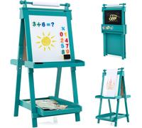 CostwayChevalet Pliable pour Enfants Chevalet d'Art Double Face 3 en 1 avec Tableau Noir et Tableau Blanc Magnétique Rouleau de Papier Vert