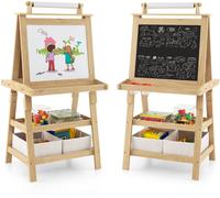 CostwayChevalet pour Enfants 3 en 1 Tableau de Dessin Magnétique Double Faces (Tableau Blanc + Tableau Noir) Naturel