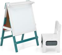 CostwayChevalet Réversible pour Enfants avec Chaise Chevalet de Peinture Réglable avec Tableau Noir Tableau Blanc Porte-papier pour 3+ Ans Vert