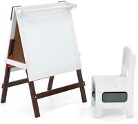 CostwayChevalet Réversible pour Enfants avec Chaise Chevalet de Peinture Réglable avec Tableau Noir Tableau Blanc Porte-papier pour 3+ Ans Marron
