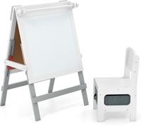 CostwayChevalet Réversible pour Enfants avec Chaise Chevalet de Peinture Réglable avec Tableau Noir Tableau Blanc Porte-papier pour 3+ Ans Gris