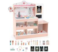 CostwayCoffret de Jeu de Médecin en Bois Centre Médical Moniteur ECG Zone d'Examen et 24 Accessoires pour Enfants de 3+ Ans Rose