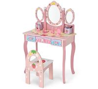 CostwayCoiffeuse 2 en 1 Bureau pour Enfants avec Miroir Amovible 3 Tiroirs 2 Boîtes de Style Princesse pour Filles Rose
